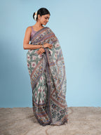 Madhubani Tussar Saree Natural with Grey Border
