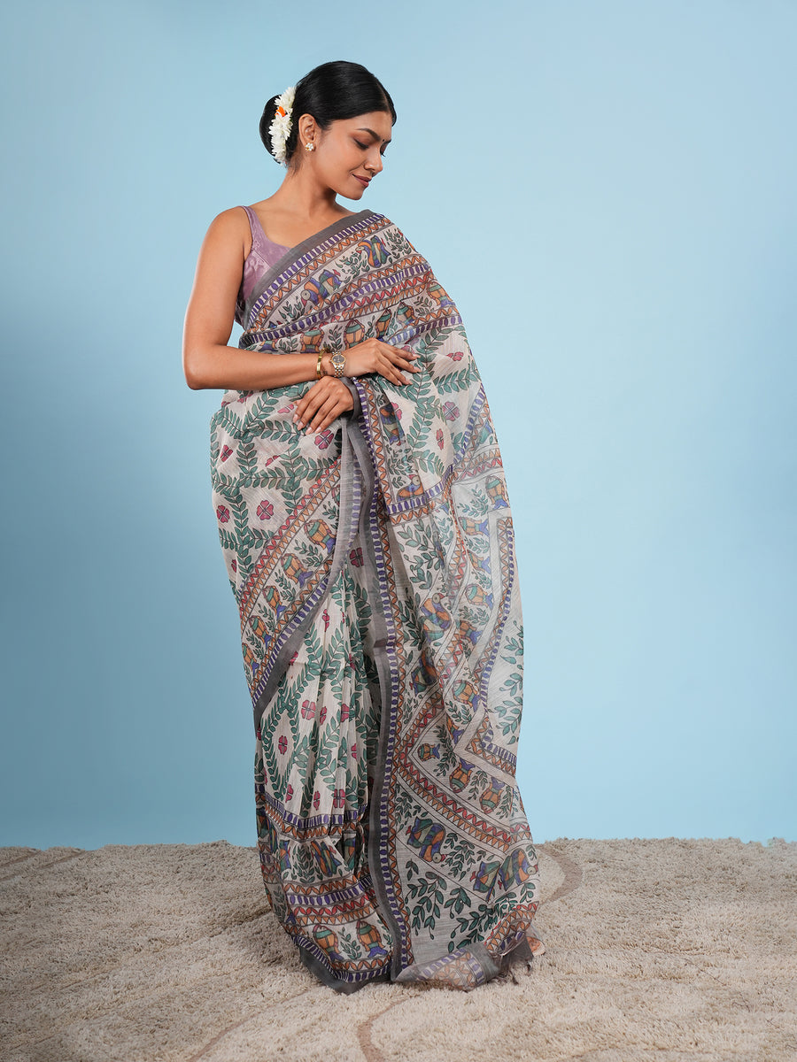 Natural Tussar silk Madhubani-print saree, full-length drape – Koshnika