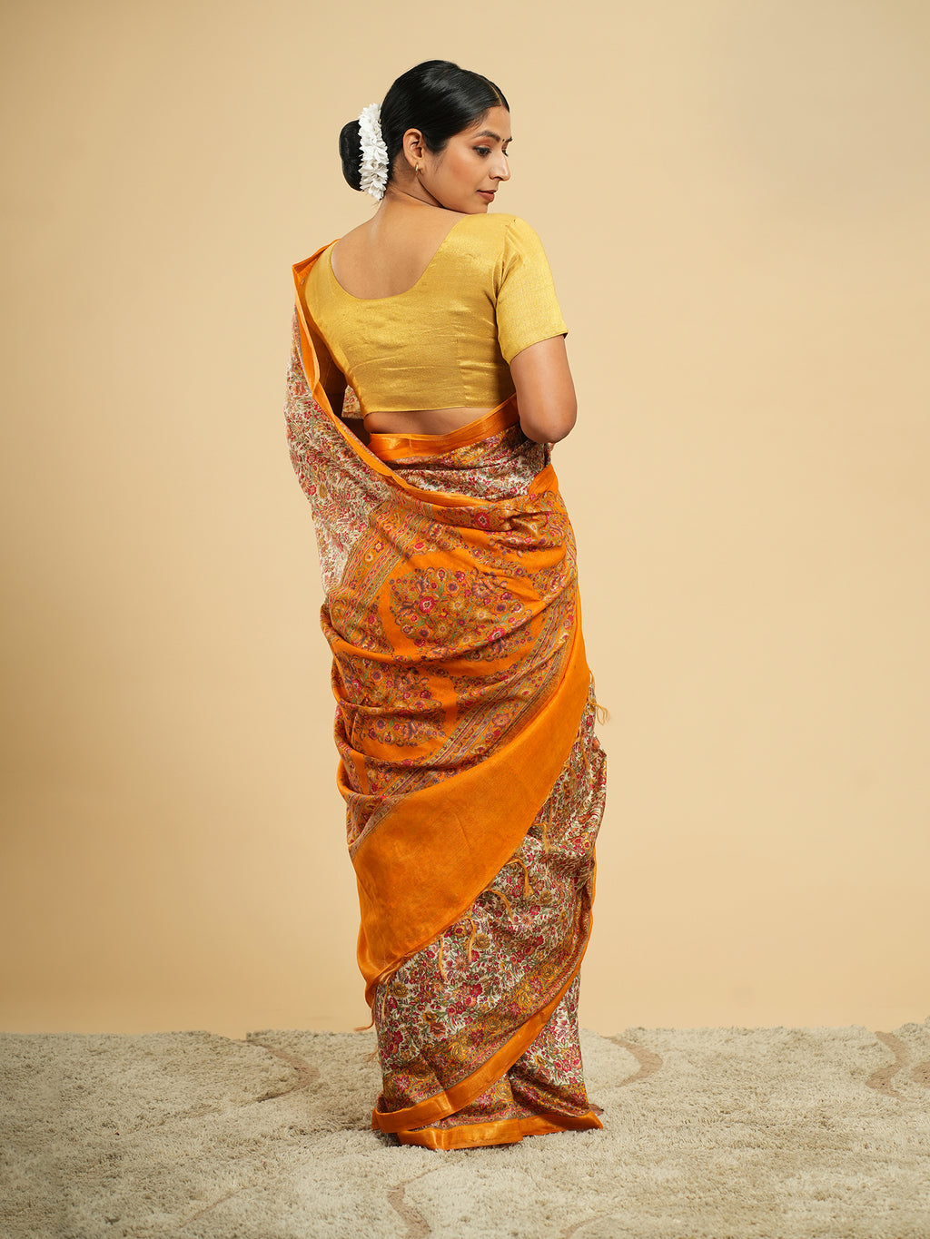 Modal Floral Print Saree Orange Border