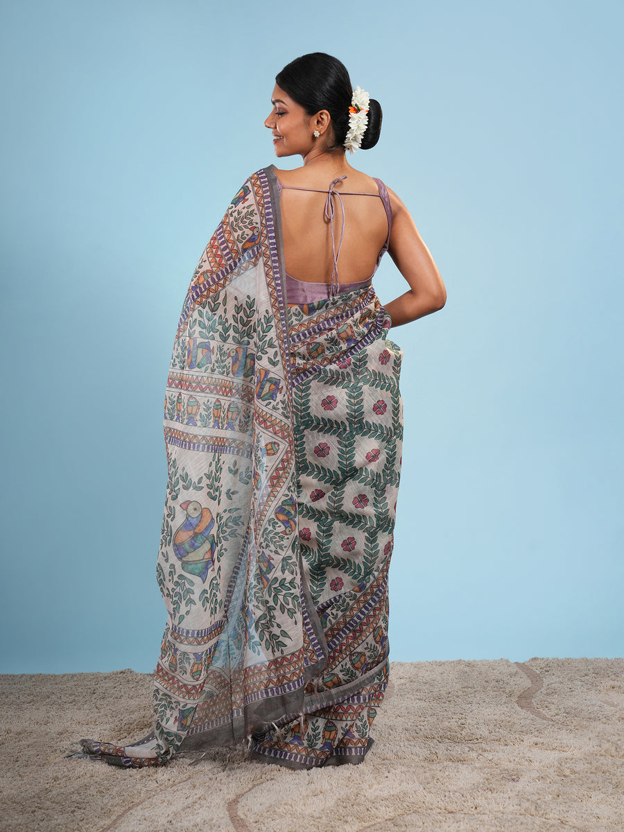 Natural Tussar silk Madhubani-print saree, pallu detail – Koshnika