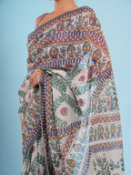 Madhubani Tussar Saree Natural with Grey Border