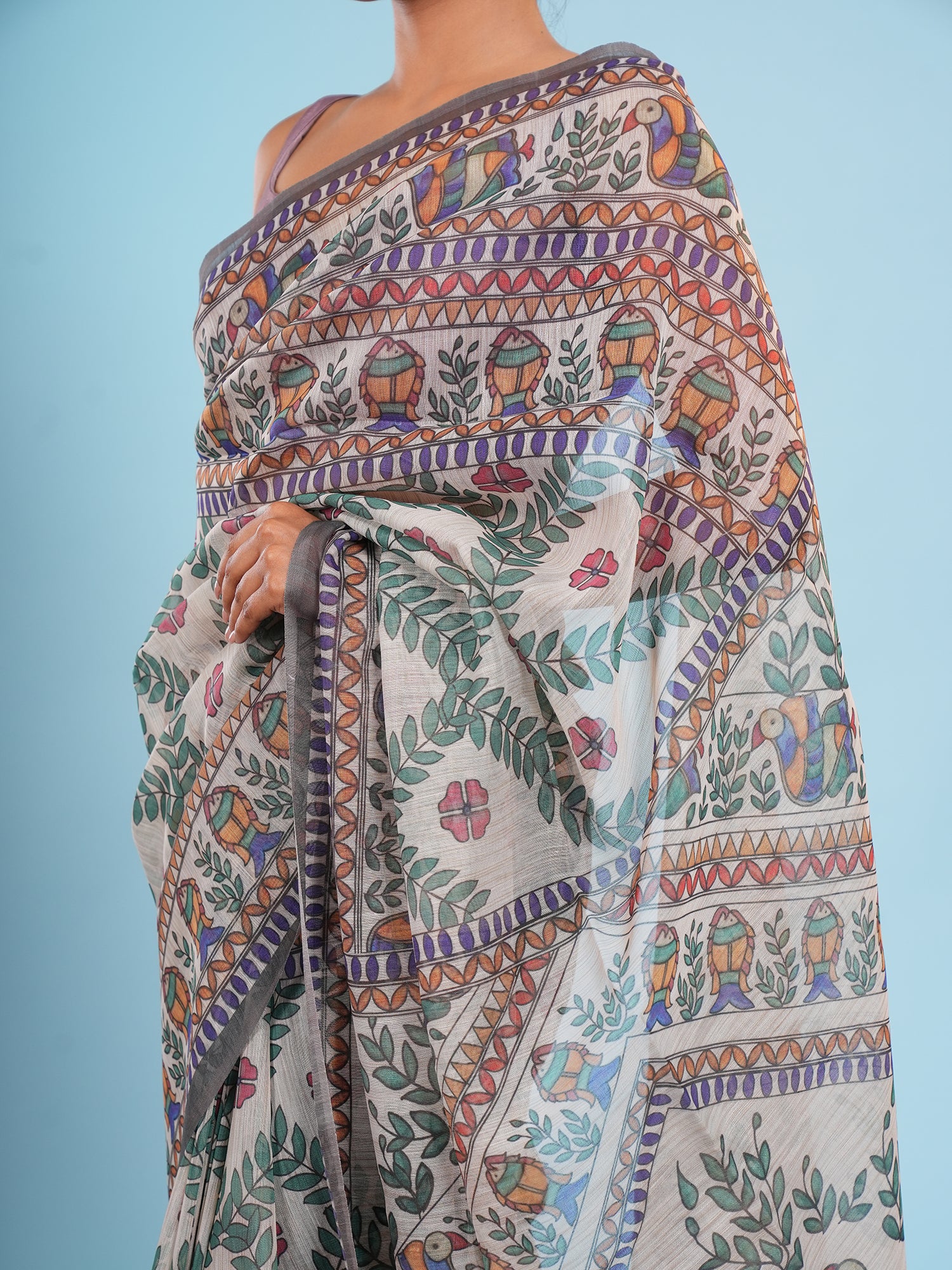 Madhubani Tussar Saree Natural with Grey Border