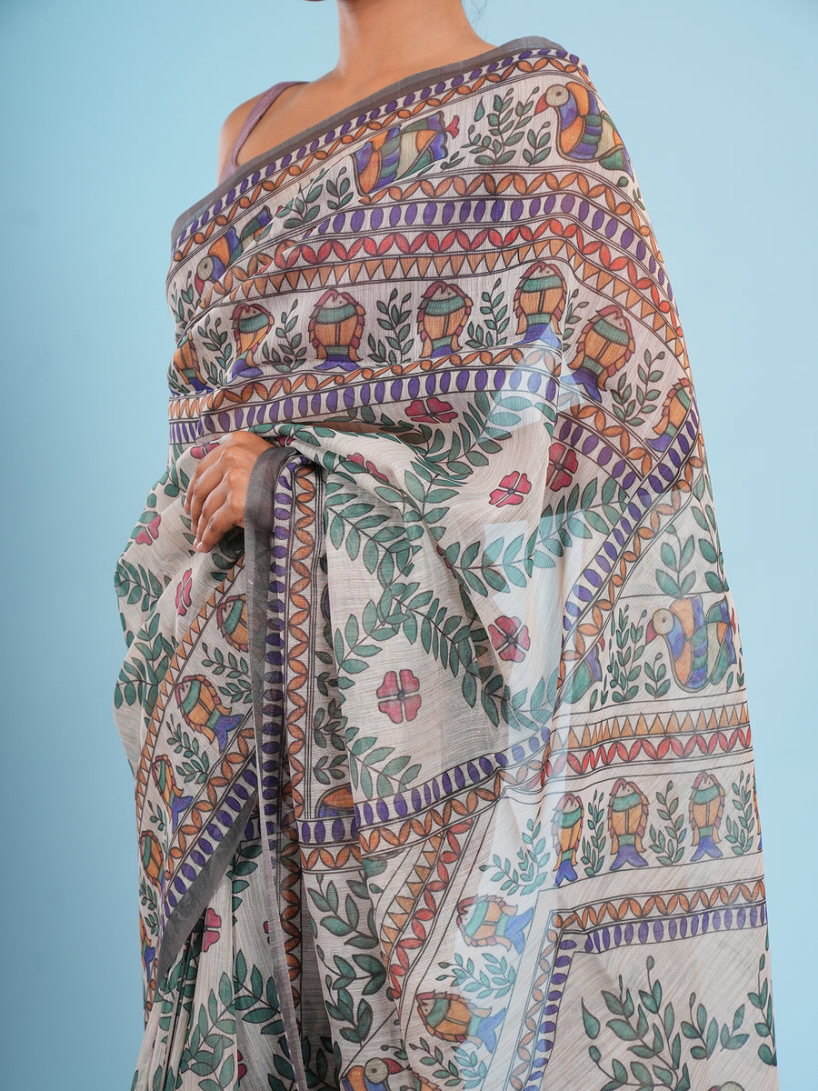 Natural Tussar silk Madhubani-print saree, styled view – Koshnika