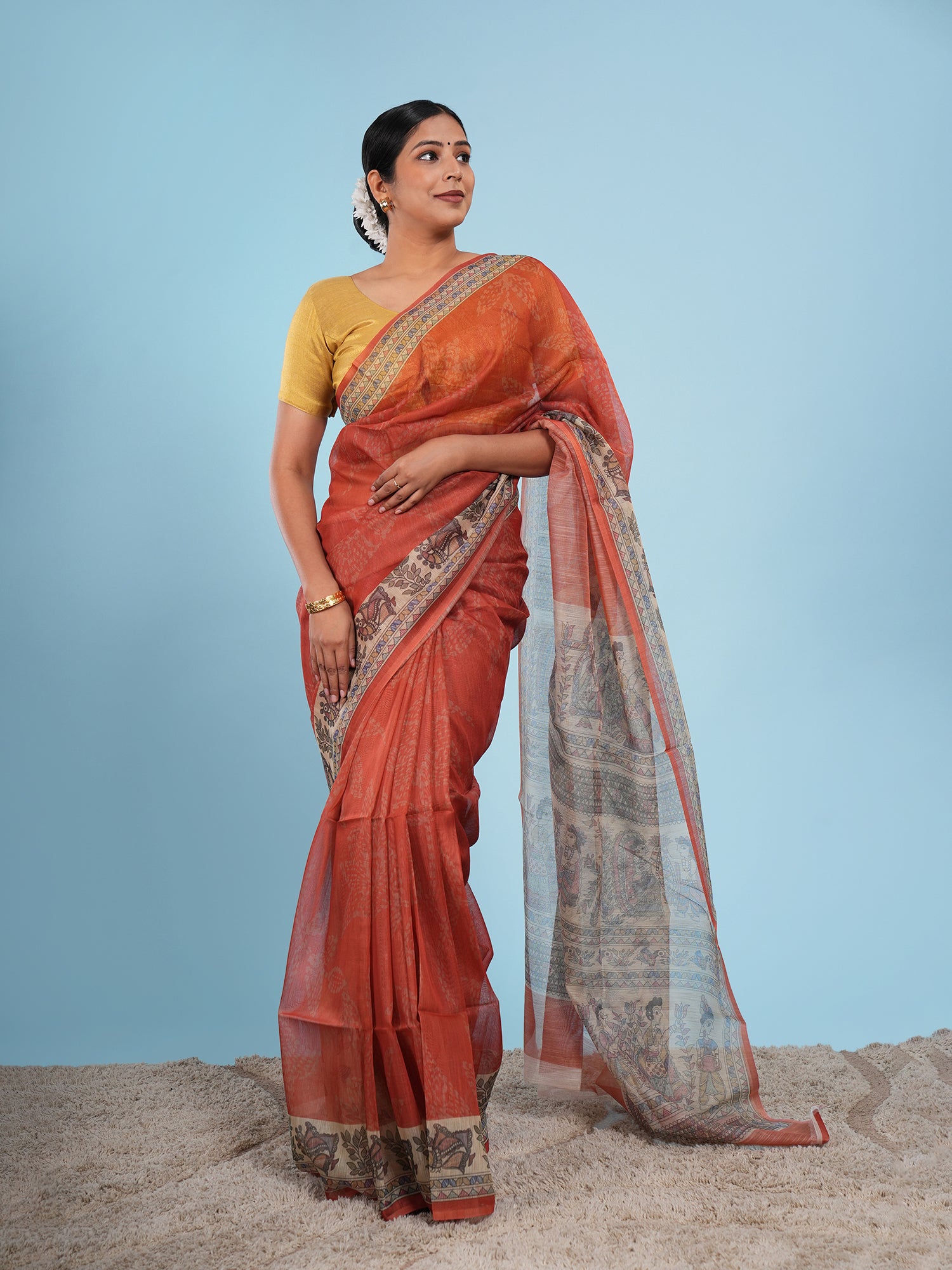 Tamra Madhubani print on Tussar silk-Copper orange