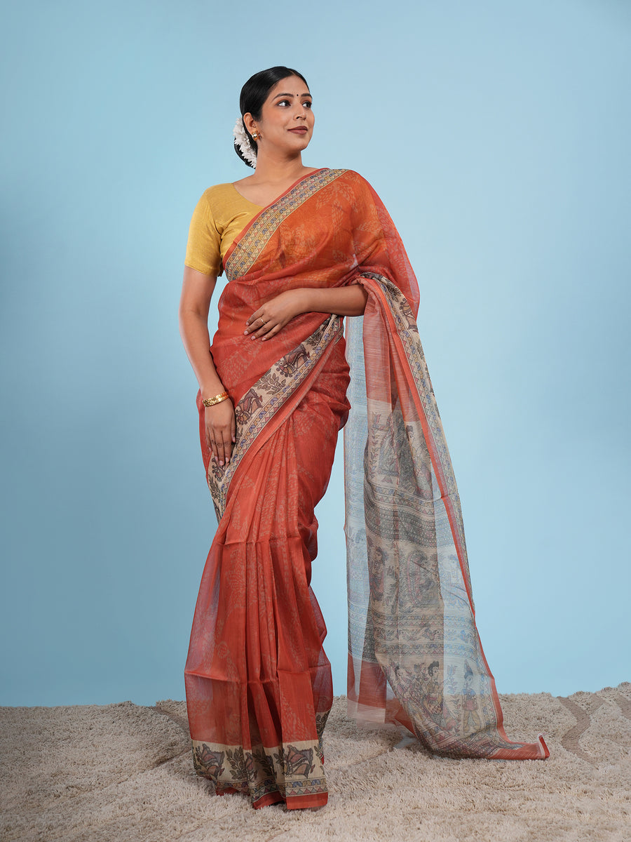 Copper orange Tussar silk Madhubani-print saree – Koshnika