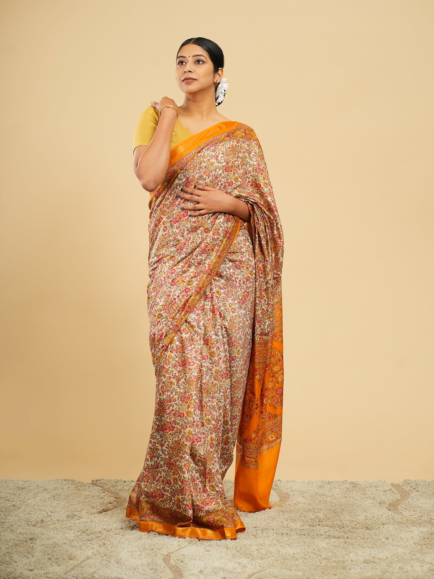 Modal Floral Print Saree Orange Border