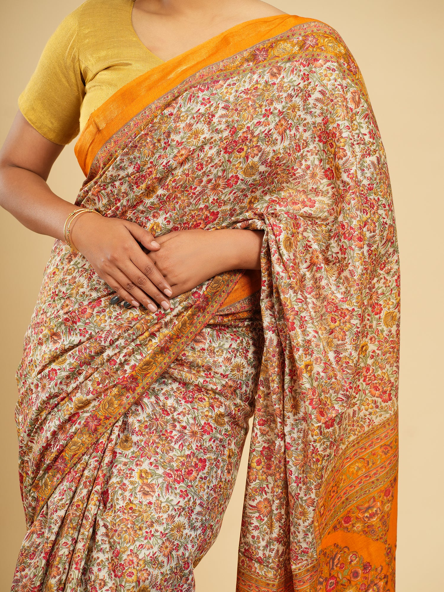 Modal Floral Print Saree Orange Border