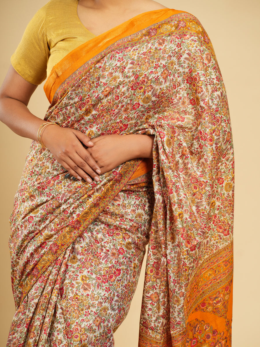 Modal floral-print saree, styled view – Koshnika