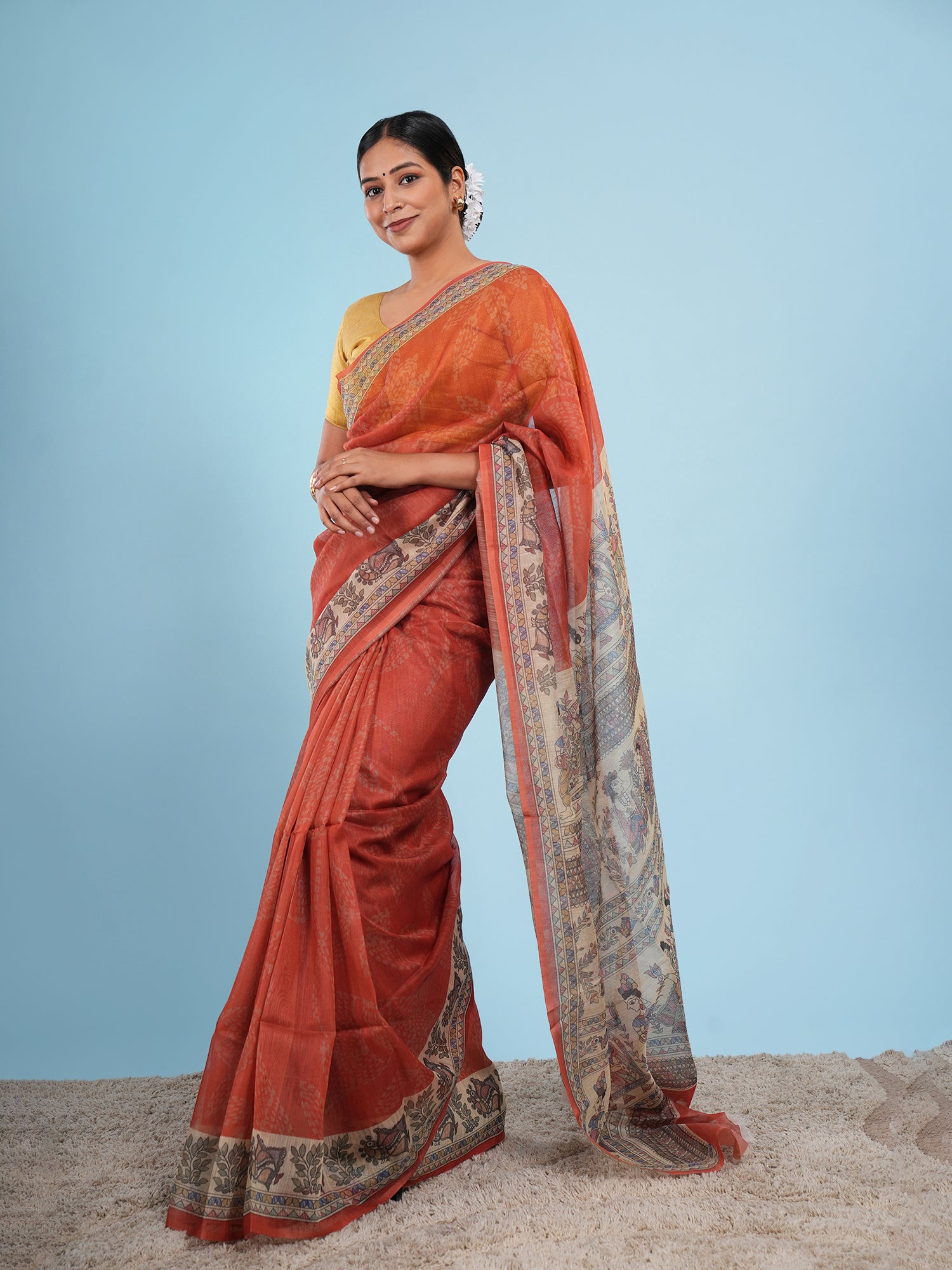 Tamra Madhubani print on Tussar silk-Copper orange