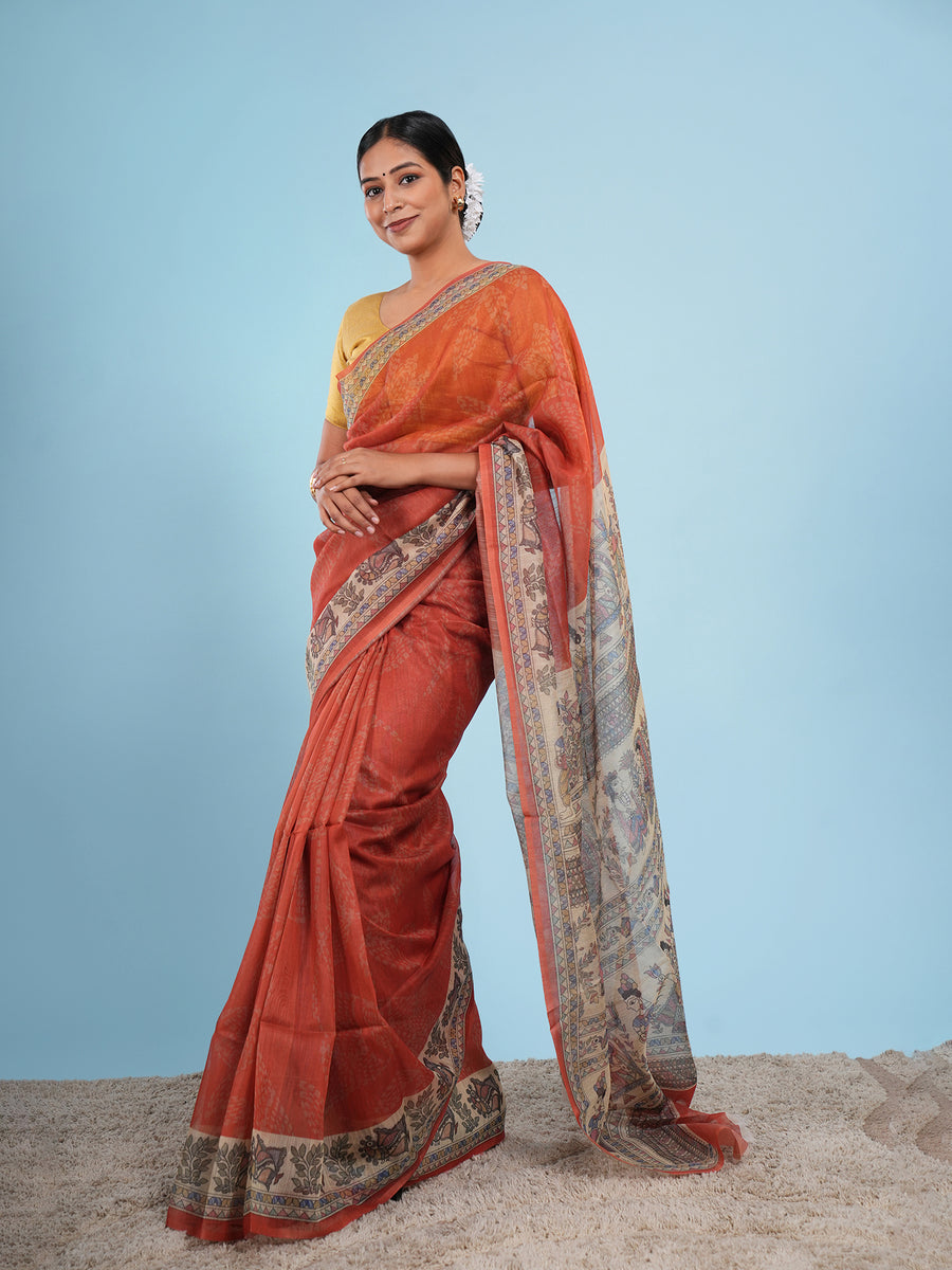 Copper orange Tussar silk Madhubani-print saree, border detail – Koshnika