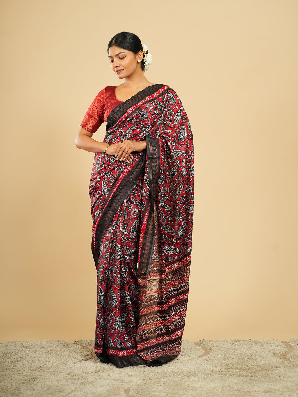 Raga Modal Block Print Saree Crimson Red
