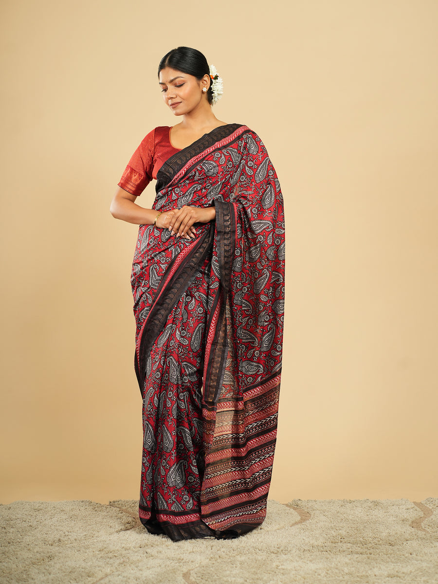 Crimson red Modal block-print saree – Koshnika
