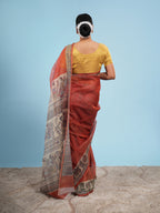 Tamra Madhubani print on Tussar silk-Copper orange
