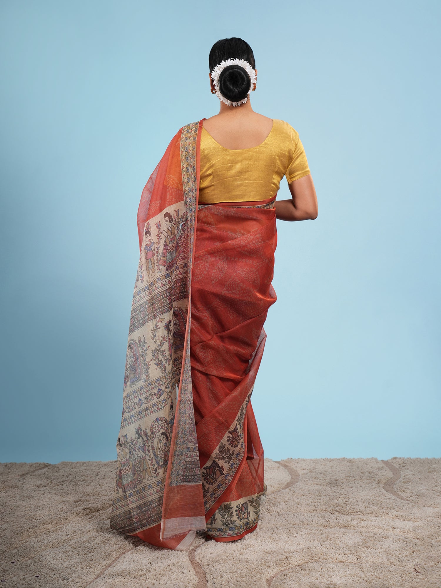 Tamra Madhubani print on Tussar silk-Copper orange