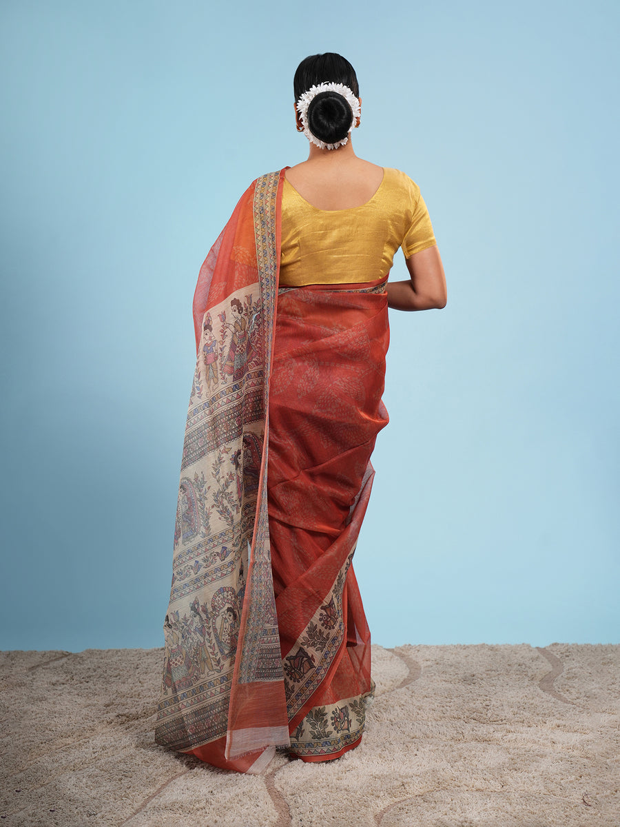 Copper orange Tussar silk Madhubani-print saree, drape and fall – Koshnika