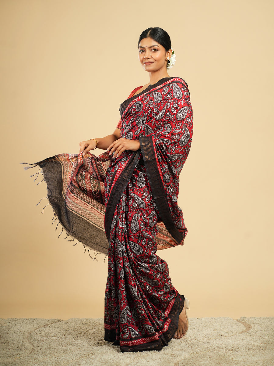 Crimson red Modal block-print saree, border detail – Koshnika