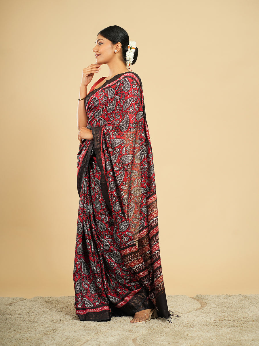 Crimson red Modal block-print saree, drape and fall – Koshnika