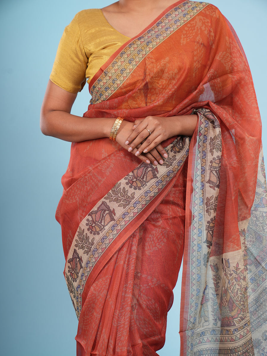 Copper orange Tussar silk Madhubani-print saree, Madhubani motif close-up – Koshnika