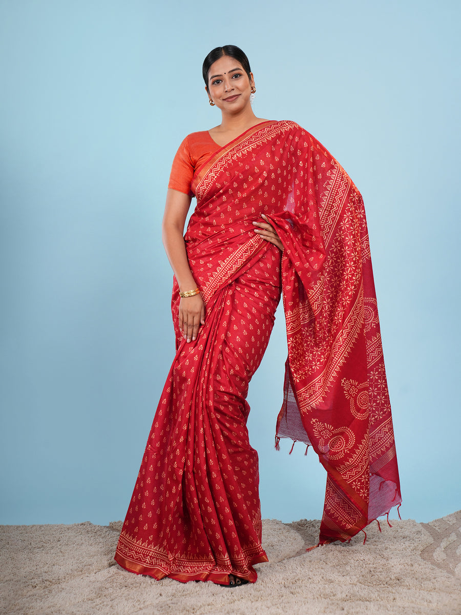 Vermilion red Chanderi block-print saree – Koshnika