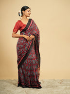Raga Modal Block Print Saree Crimson Red