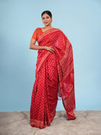 Chanderi Viscose Block Print Saree Vermilion Red