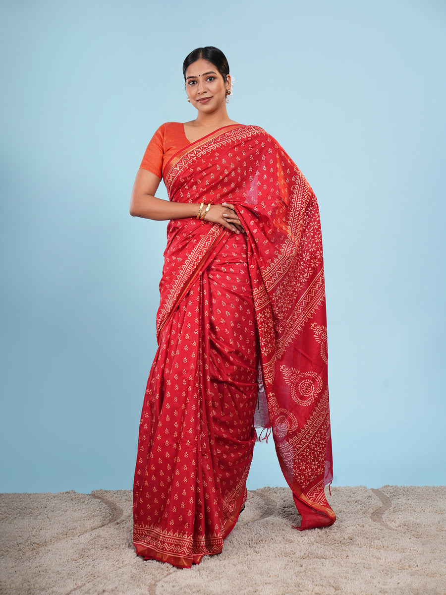 Vermilion red Chanderi block-print saree, border detail – Koshnika