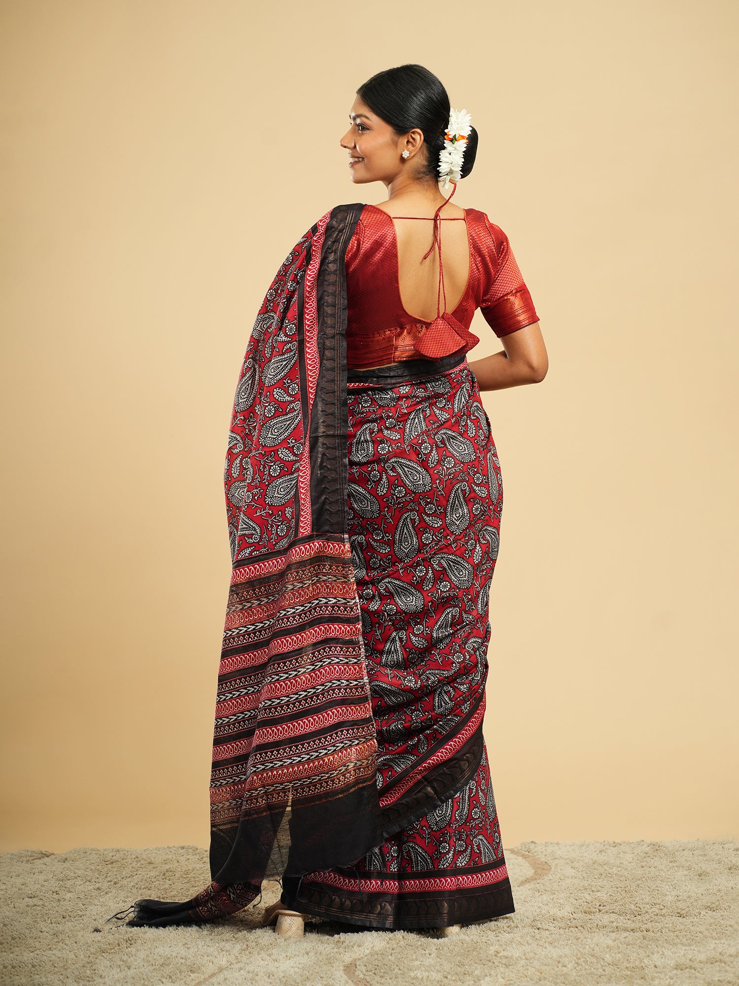 Raga Modal Block Print Saree Crimson Red