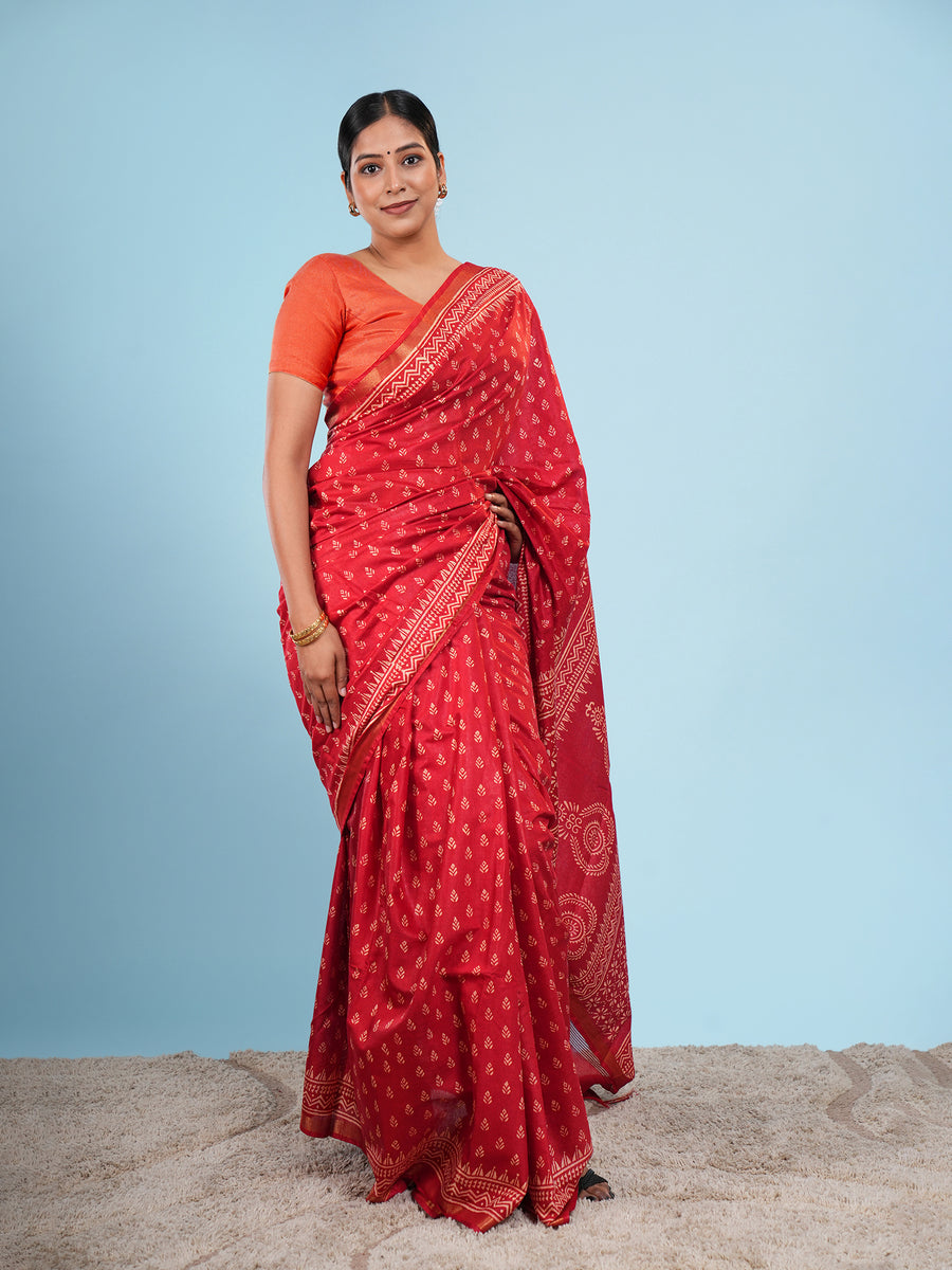 Vermilion red Chanderi block-print saree, drape and fall – Koshnika