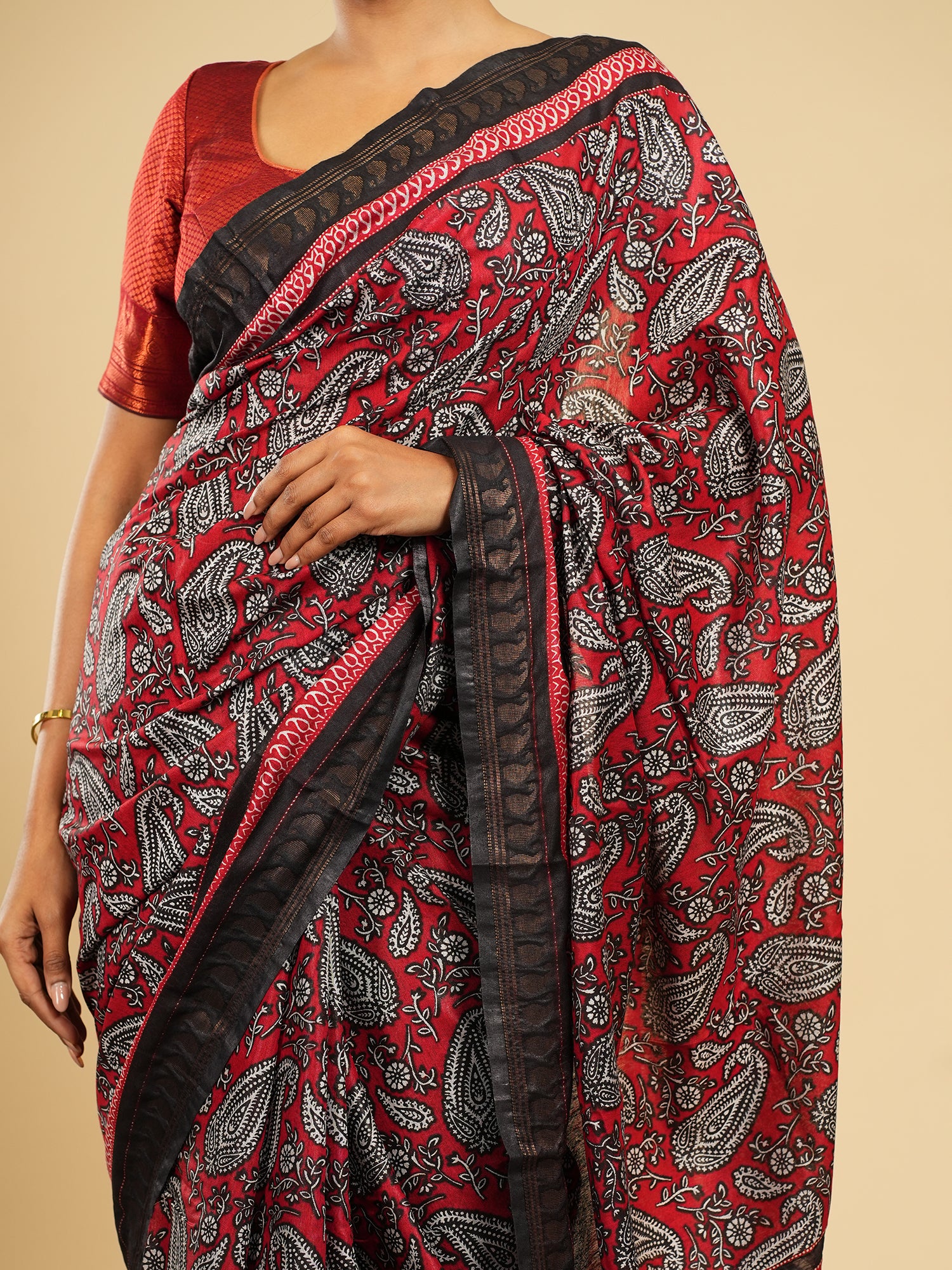Raga Modal Block Print Saree Crimson Red