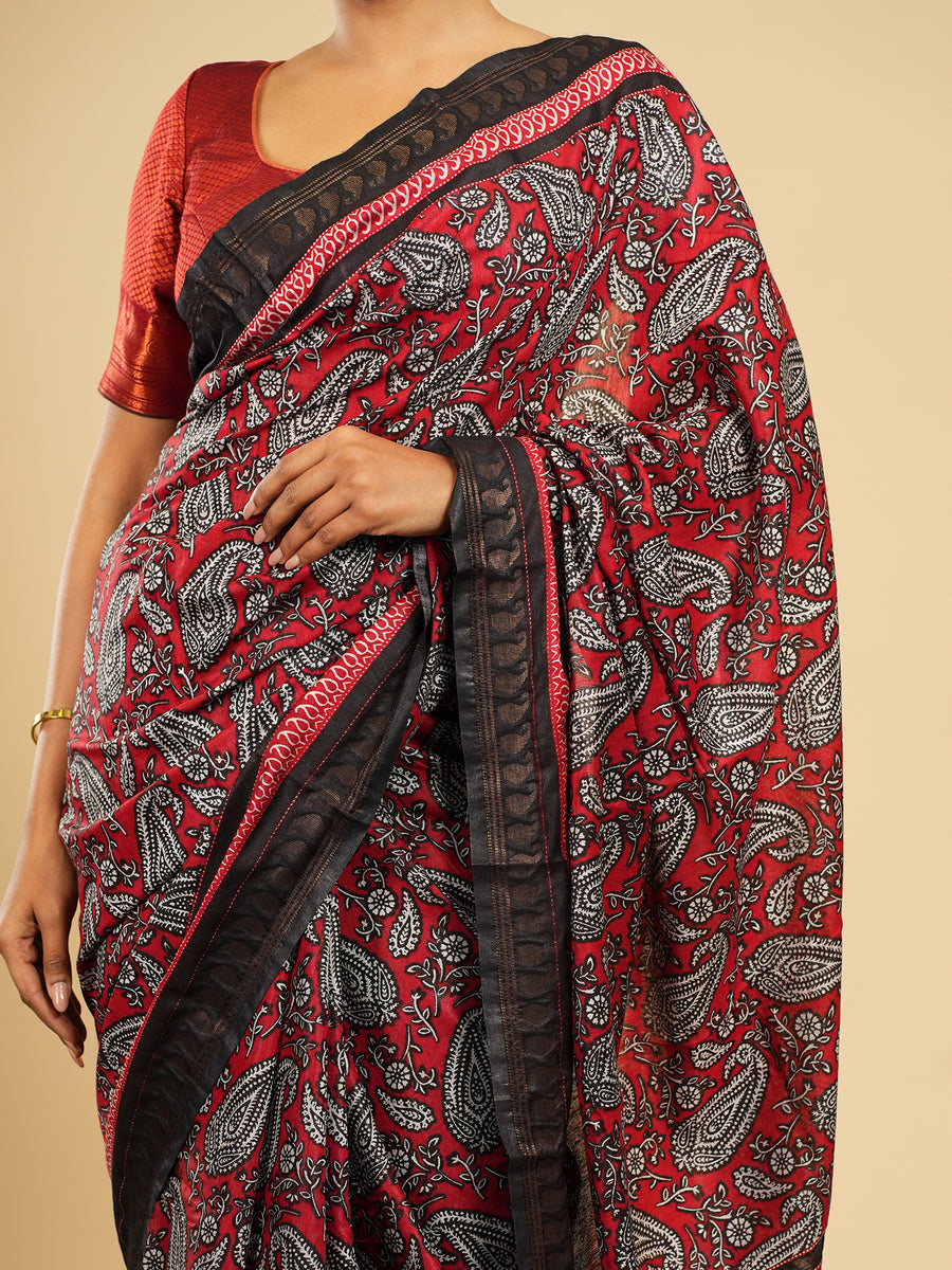 Crimson red Modal block-print saree, fabric texture close-up – Koshnika