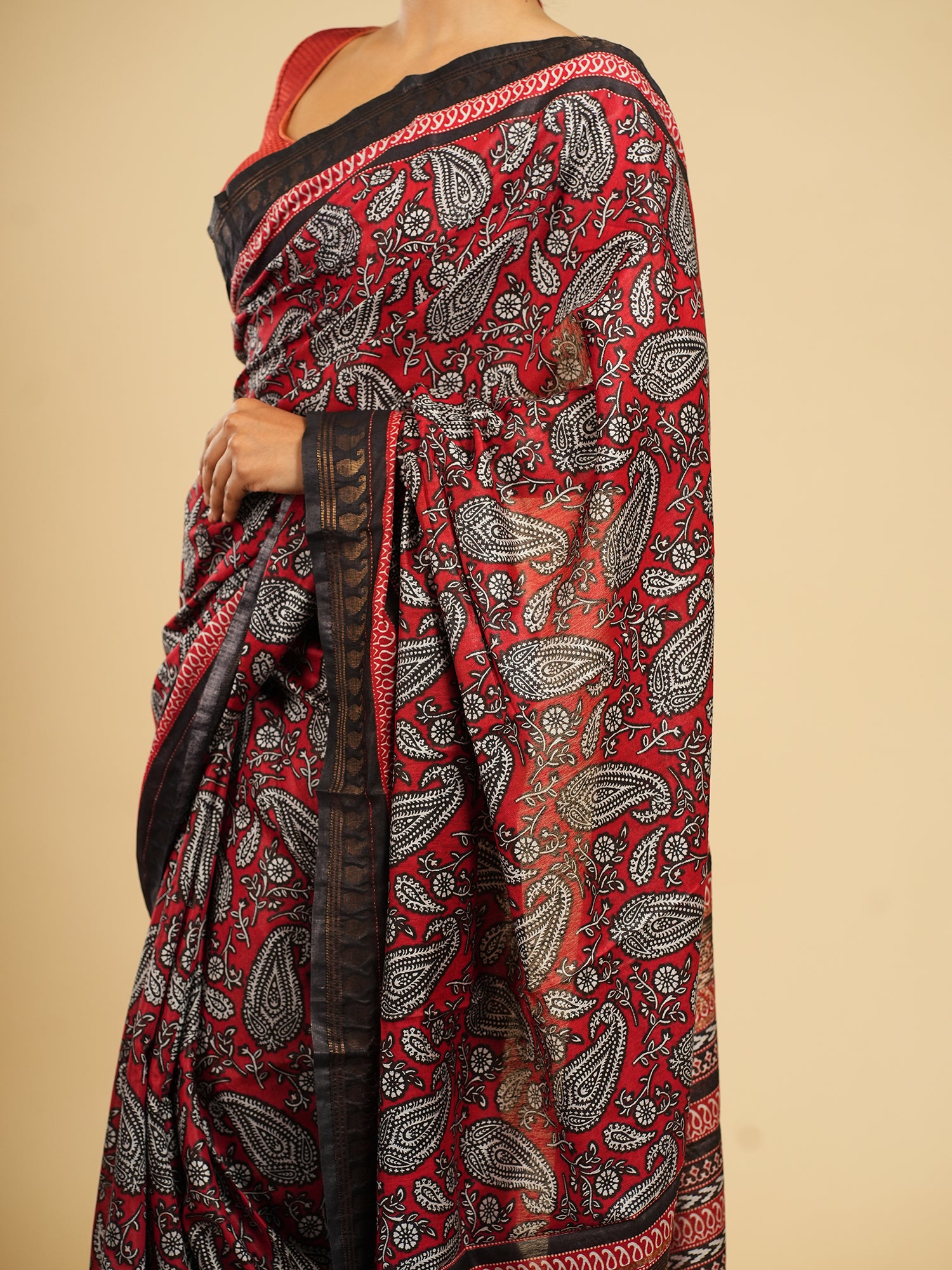 Raga Modal Block Print Saree Crimson Red