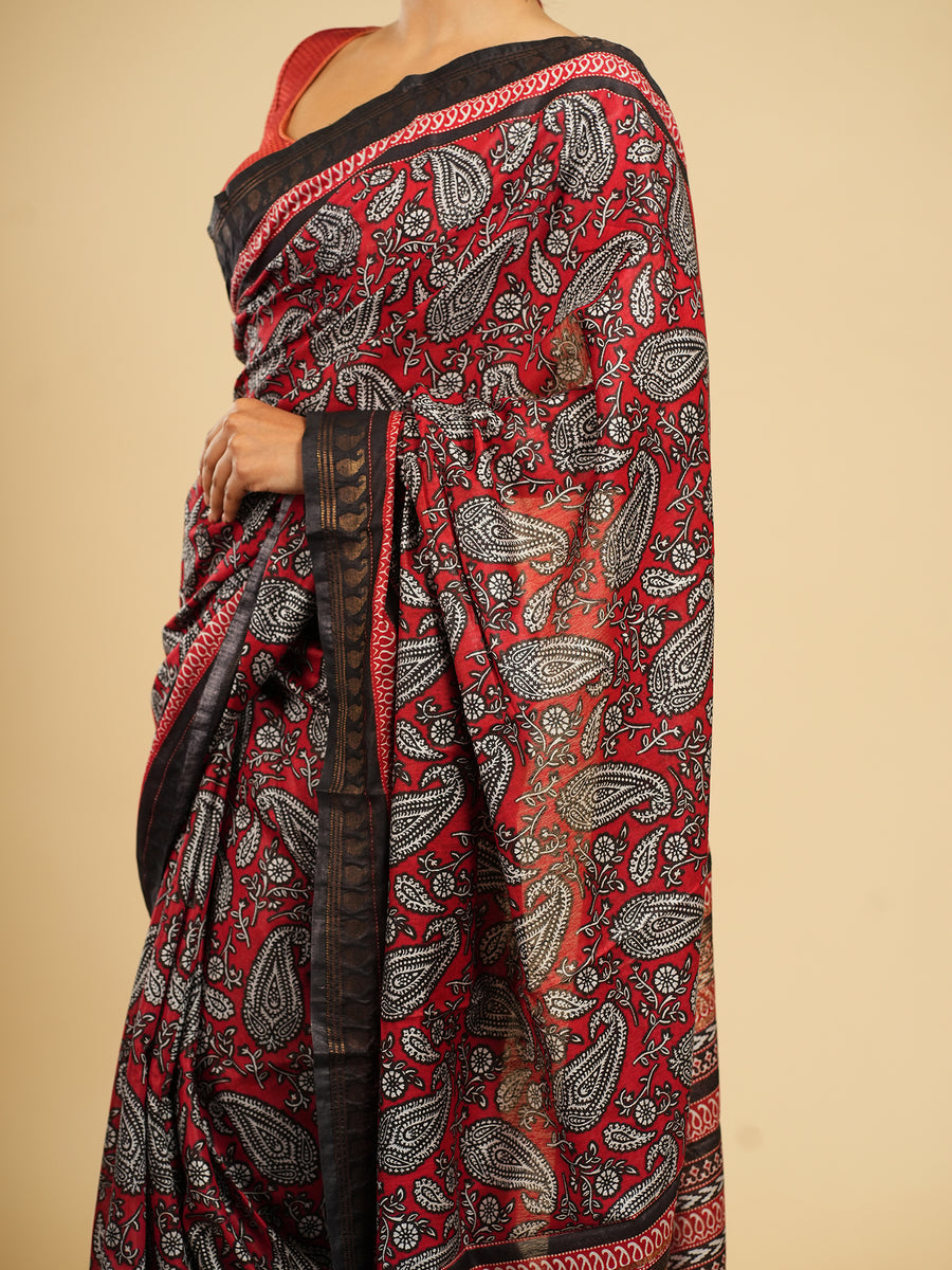 Crimson red Modal block-print saree, styled view – Koshnika