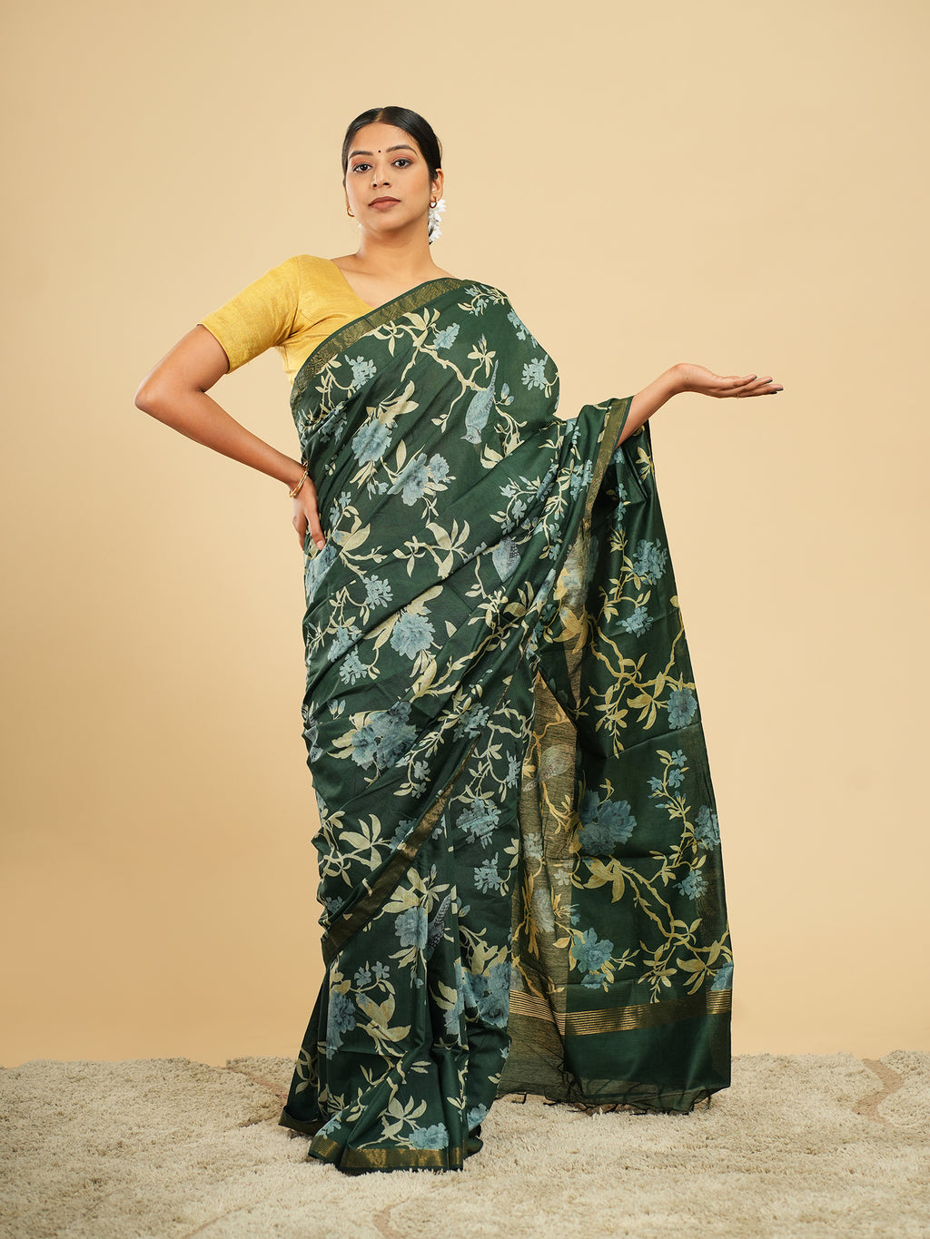 Mrinalini Block Print Saree Dark Green