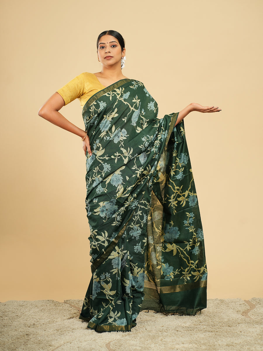 Dark green floral block-print saree – Koshnika