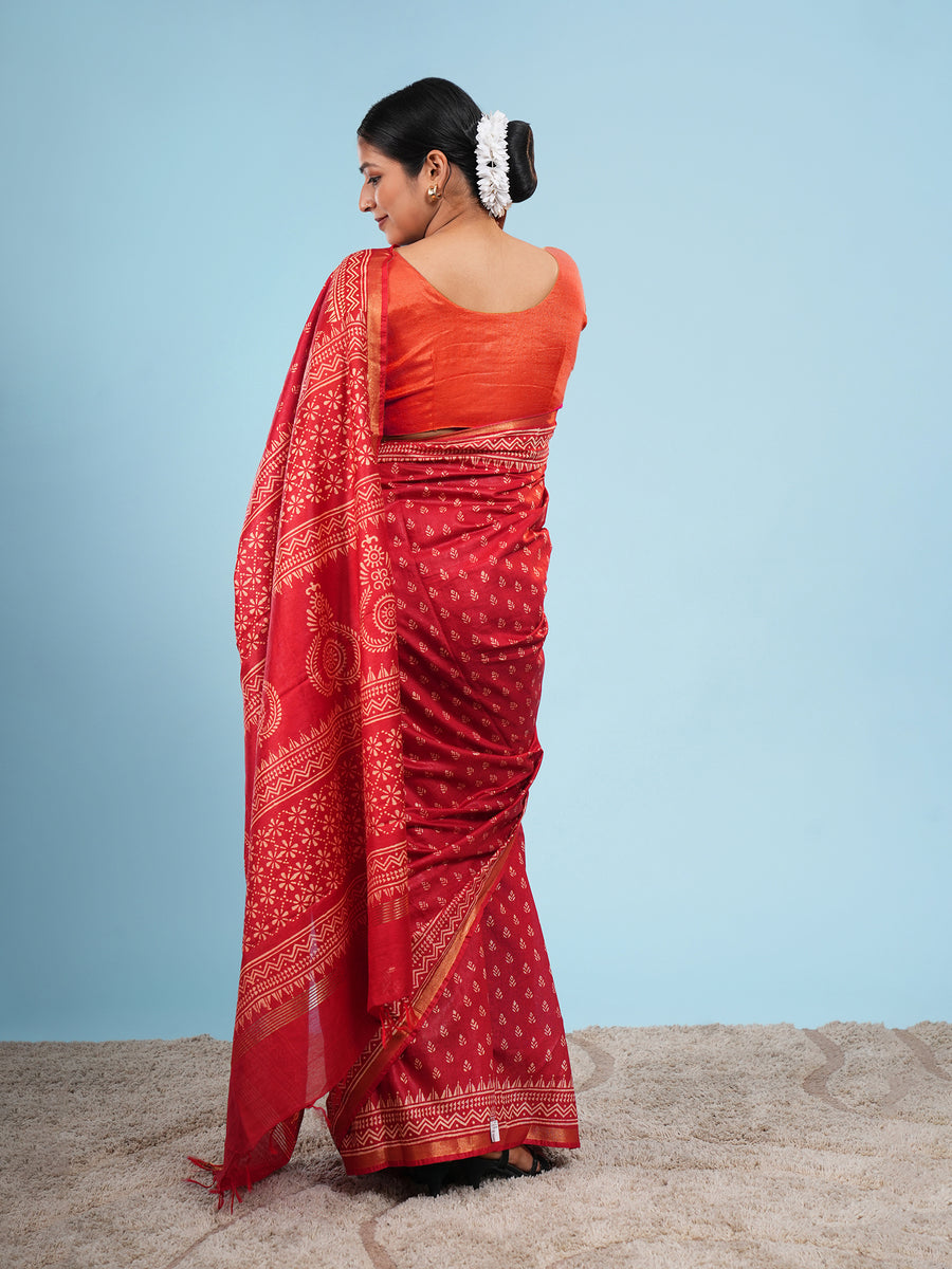 Vermilion red Chanderi block-print saree, block motif close-up – Koshnika
