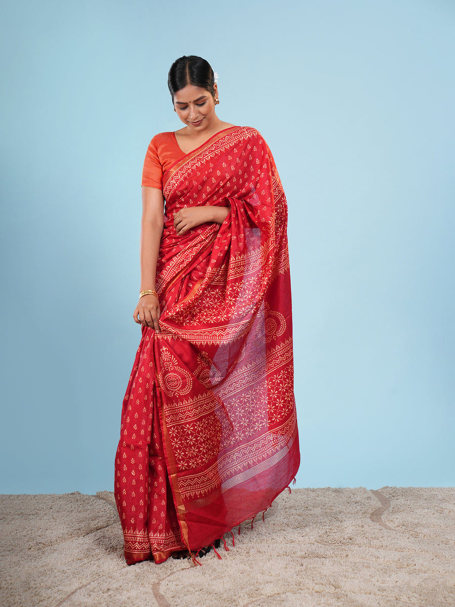 Vermilion red Chanderi block-print saree, full-length drape – Koshnika