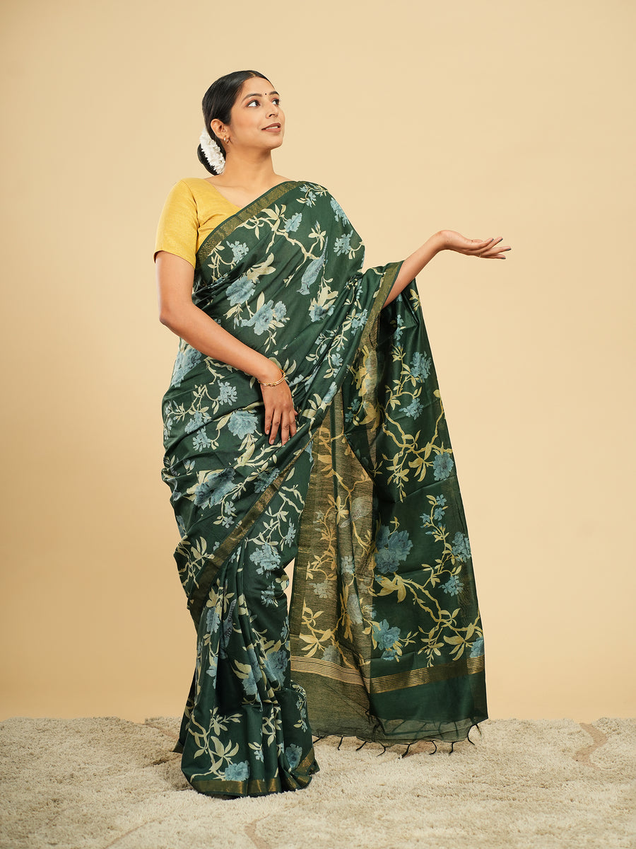 Dark green floral block-print saree, border detail – Koshnika