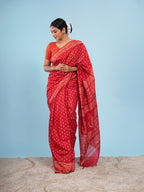 Chanderi Viscose Block Print Saree Vermilion Red