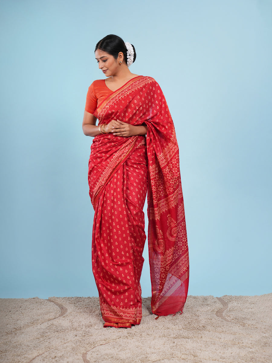 Vermilion red Chanderi block-print saree, pallu detail – Koshnika