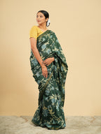 Mrinalini Block Print Saree Dark Green