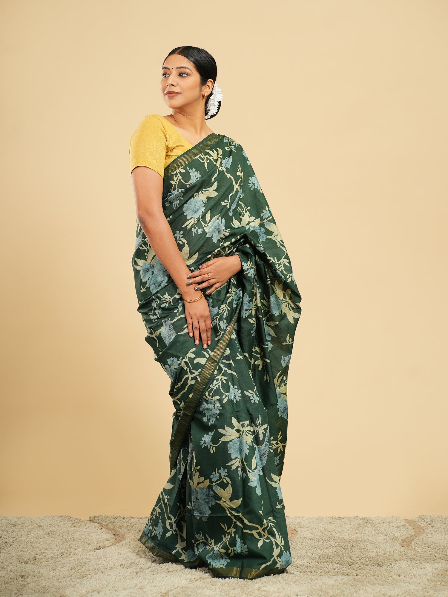 Mrinalini Block Print Saree Dark Green