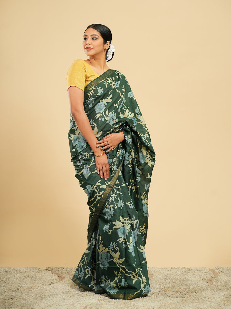 Dark green floral block-print saree, drape and fall – Koshnika