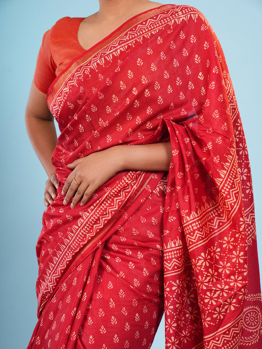 Vermilion red Chanderi block-print saree, styled view – Koshnika