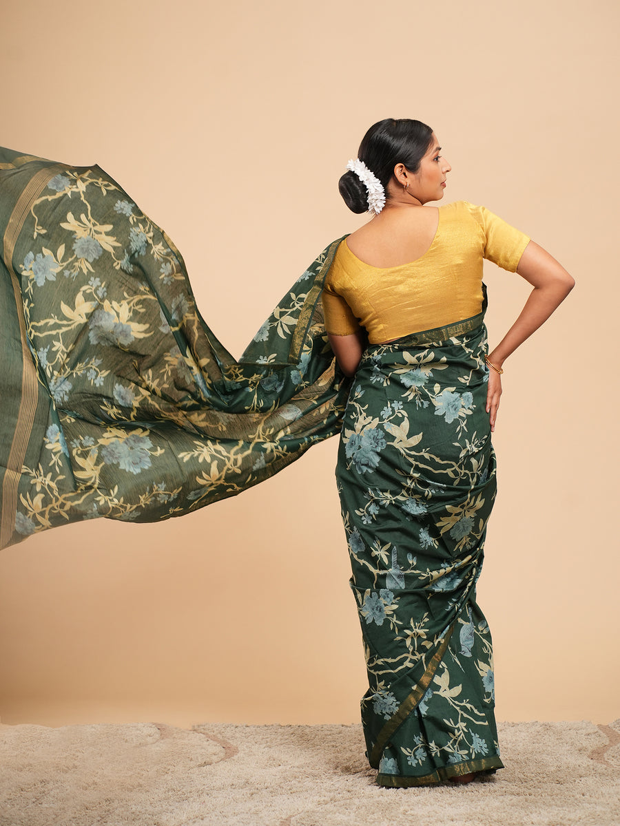 Dark green floral block-print saree, block motif close-up – Koshnika