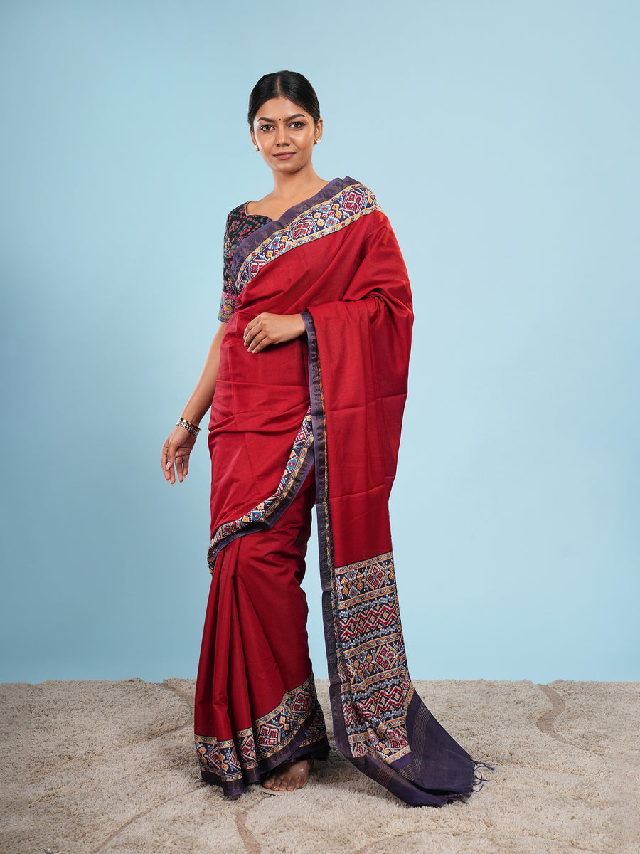 Red Modal Patola-border print saree – Koshnika