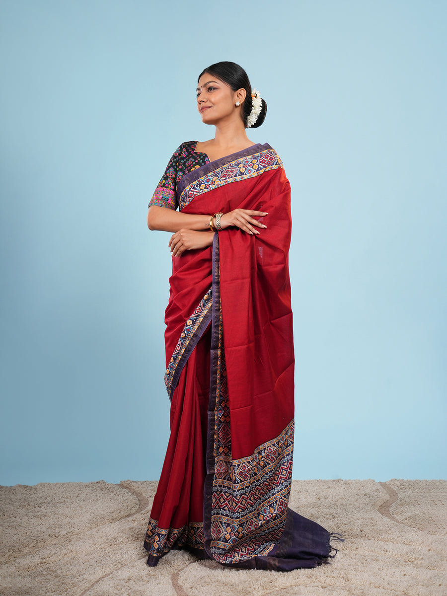 Red Modal Patola-border print saree, border detail – Koshnika