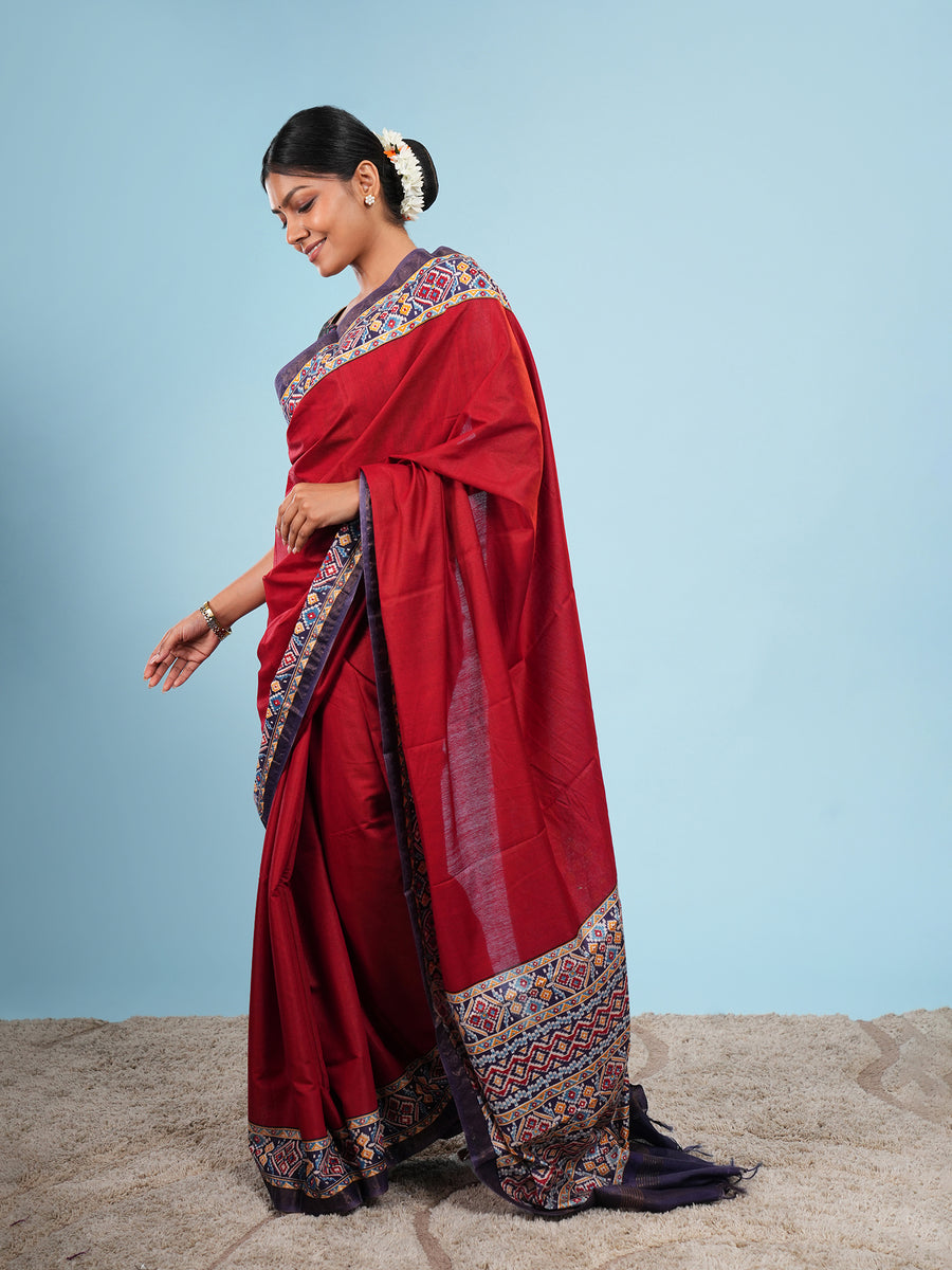 Red Modal Patola-border print saree, drape and fall – Koshnika