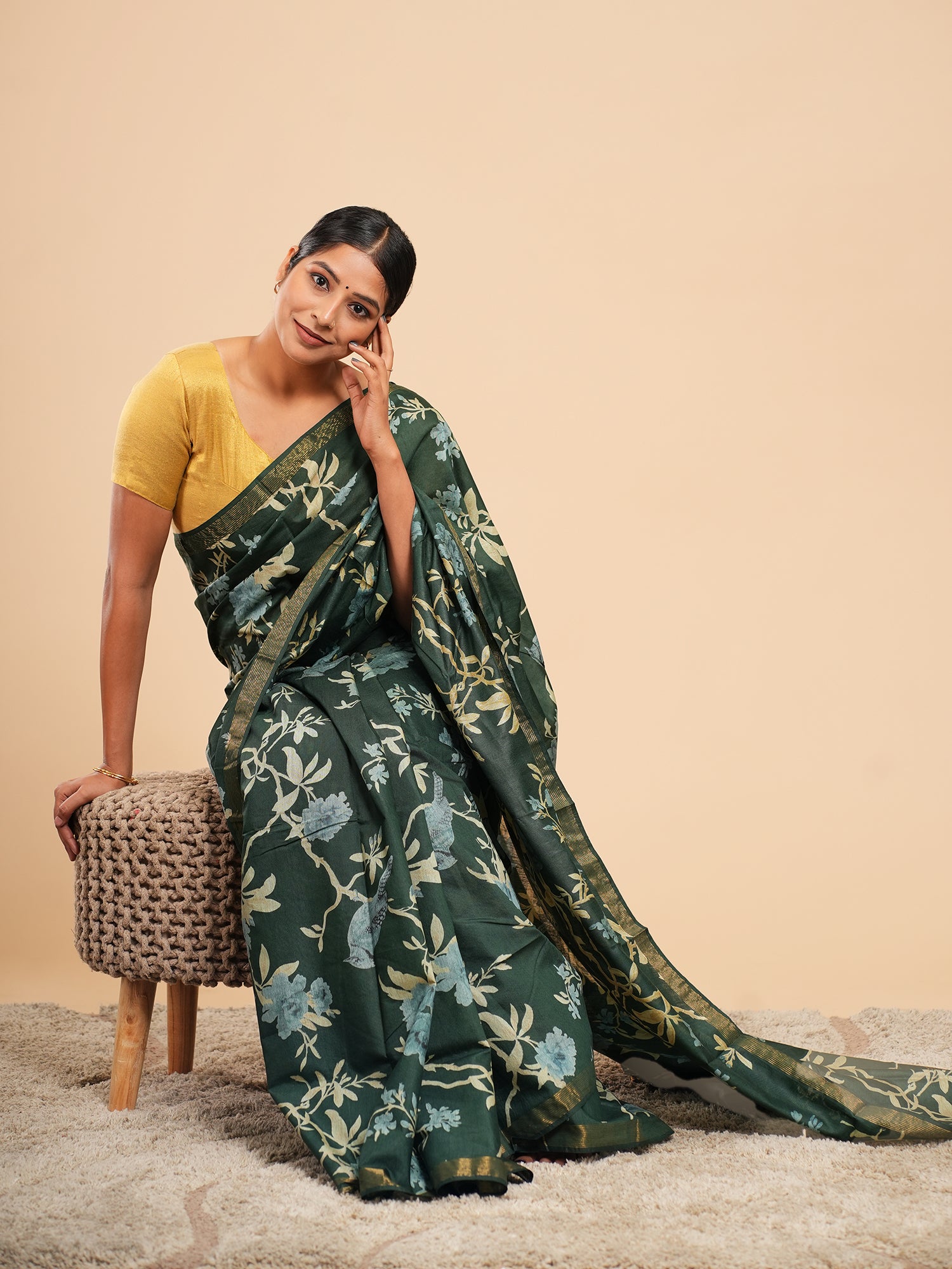 Mrinalini Block Print Saree Dark Green