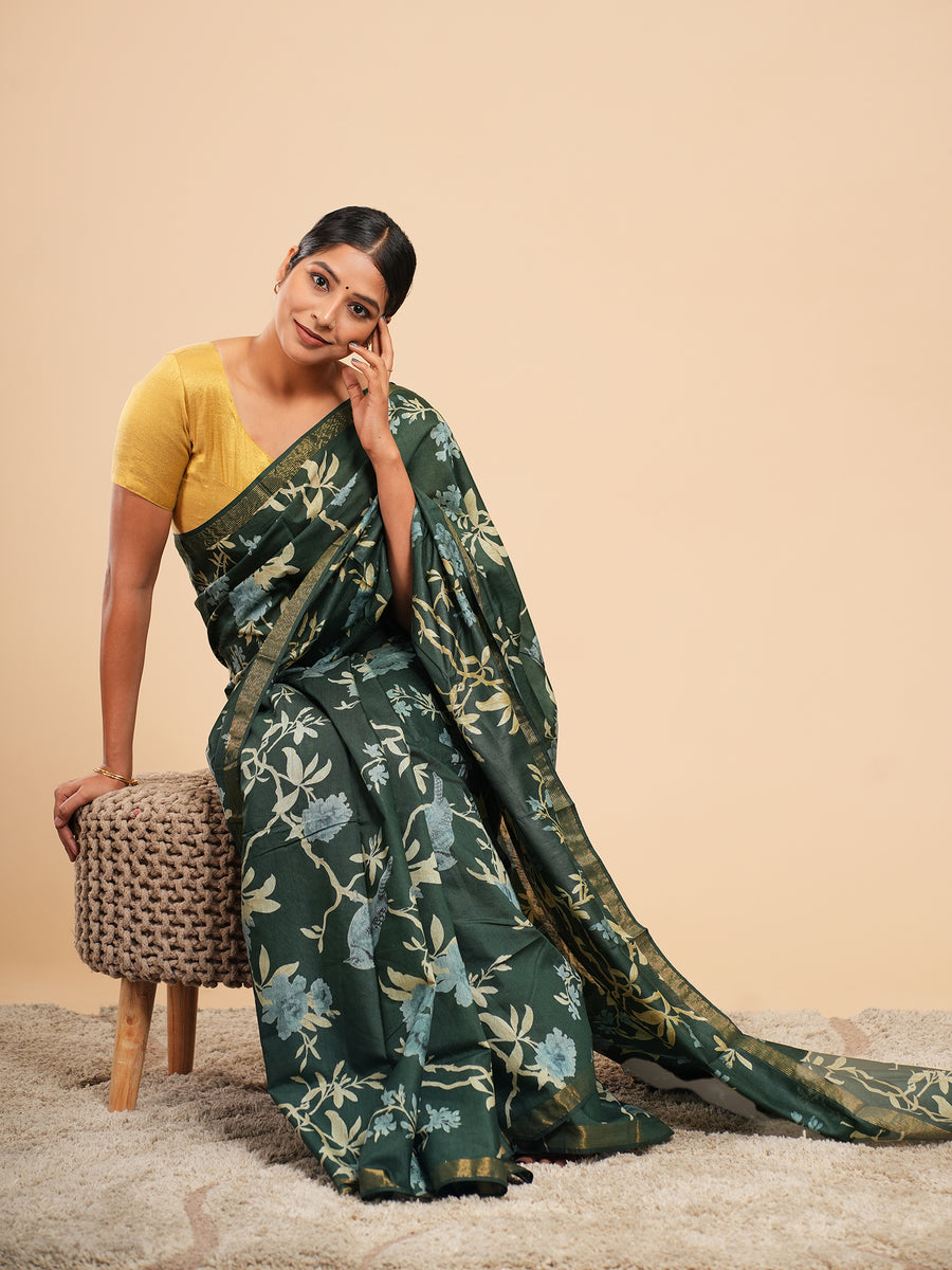 Dark green floral block-print saree, full-length drape – Koshnika