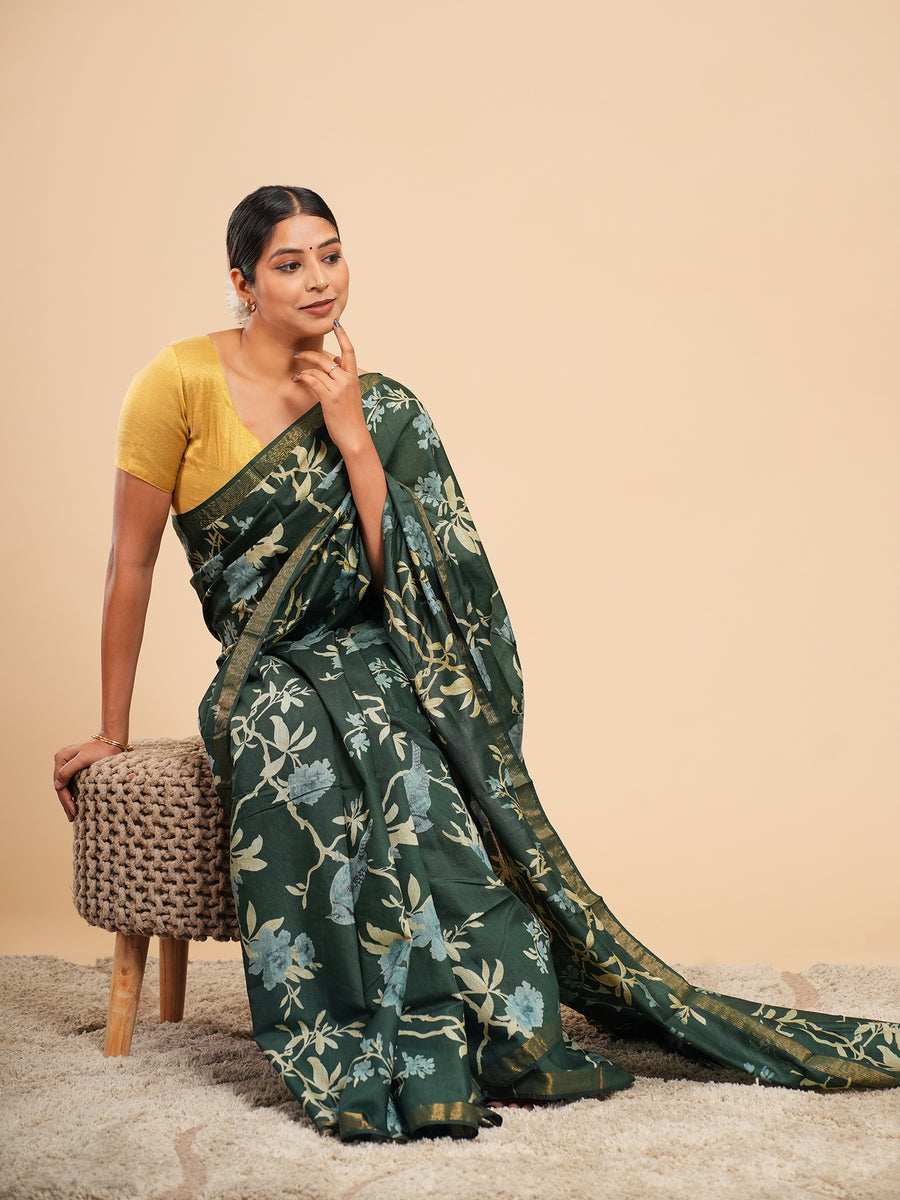 Dark green floral block-print saree, pallu detail – Koshnika